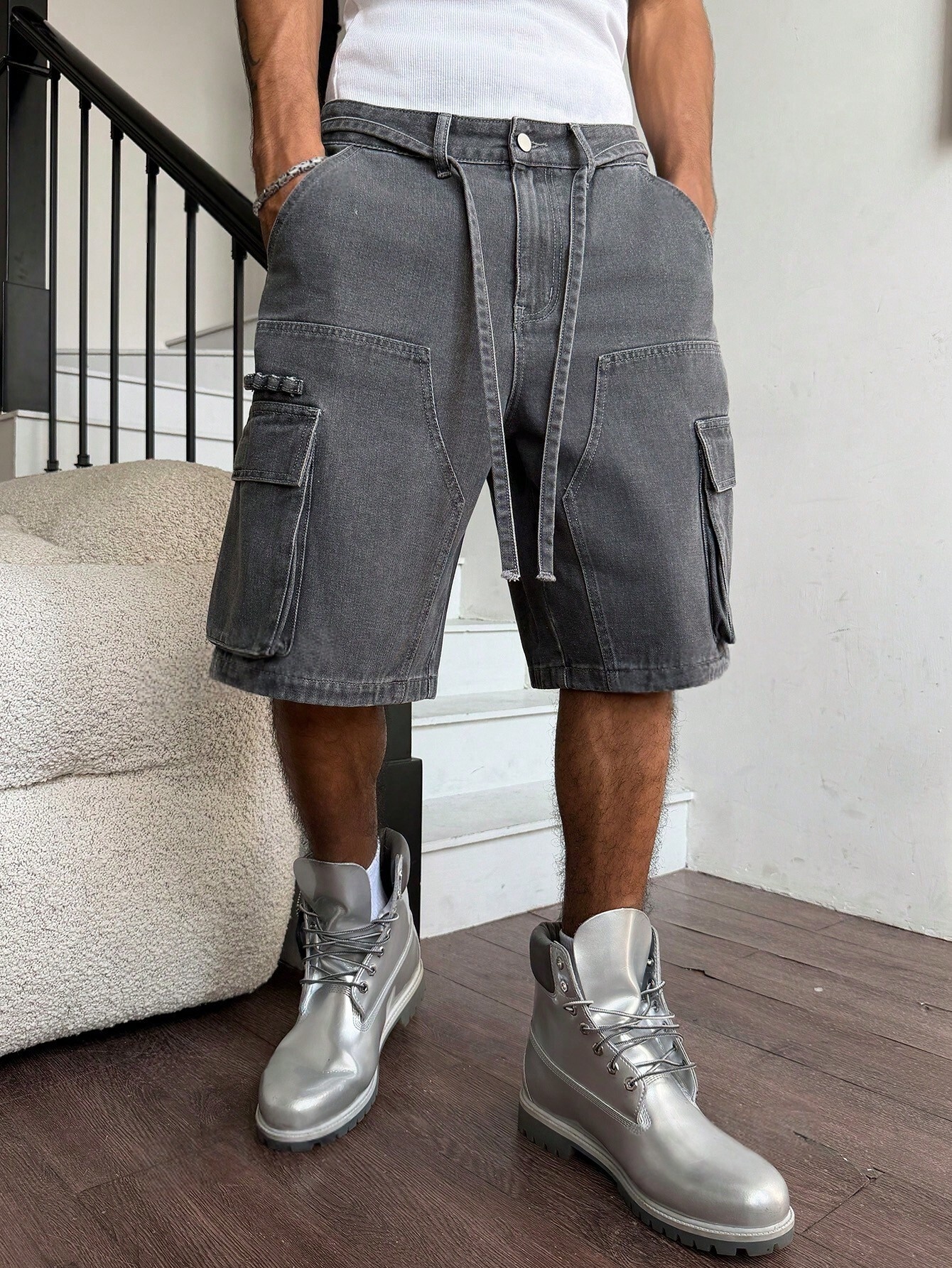 Street Fashion Jeans - Men Grey Washed Cargo Denim Shorts