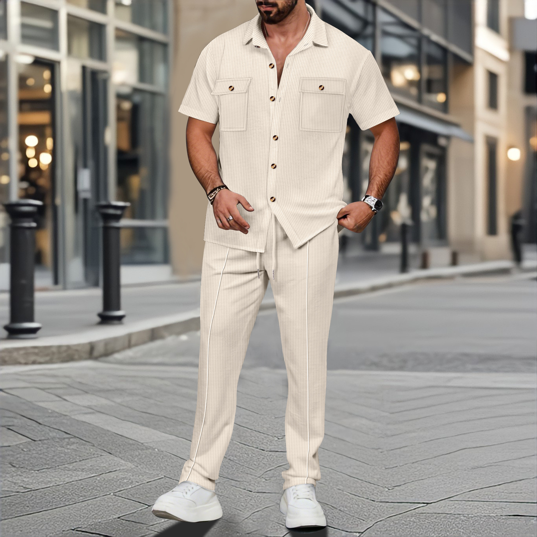 Street Fashion Casual - Men Summer Solid Color Lapel Button