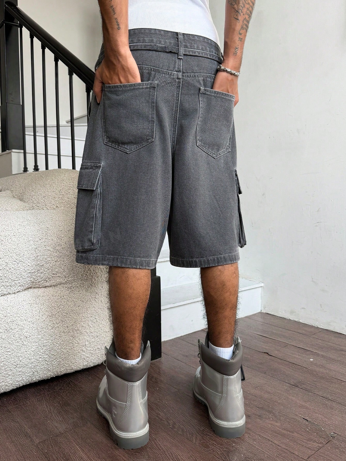 Men Grey Washed Cargo Denim Sh - Street Fashion Jeans recensie en prijs
