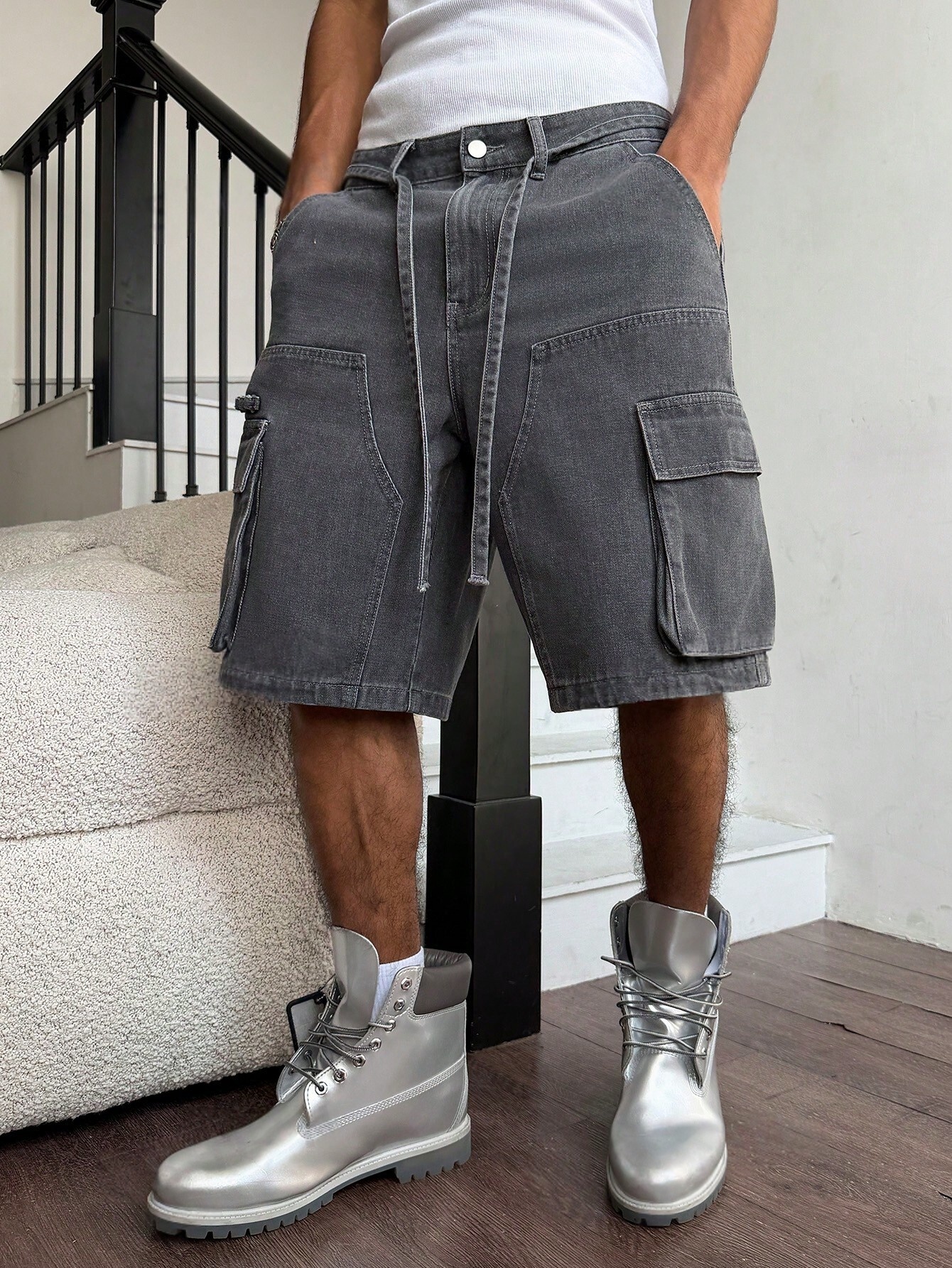 Men Grey Washed Cargo Denim Sh - Street Fashion Jeans recensie en prijs