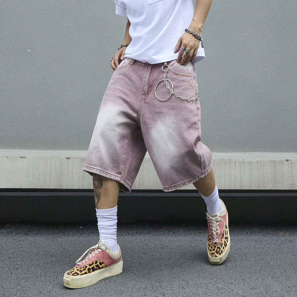 Men's Pink Gradient Denim Shor - Street Fashion Baggy recensie en prijs