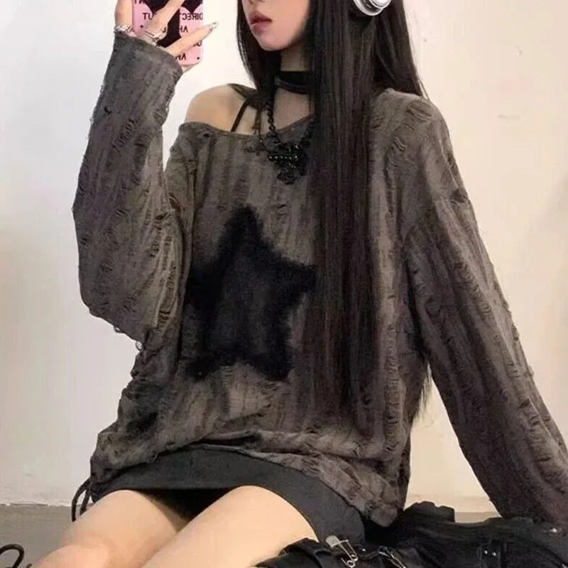 Y2K Hole Star Print T-Shirt Wo - Street Fashion Kpop recensie en prijs