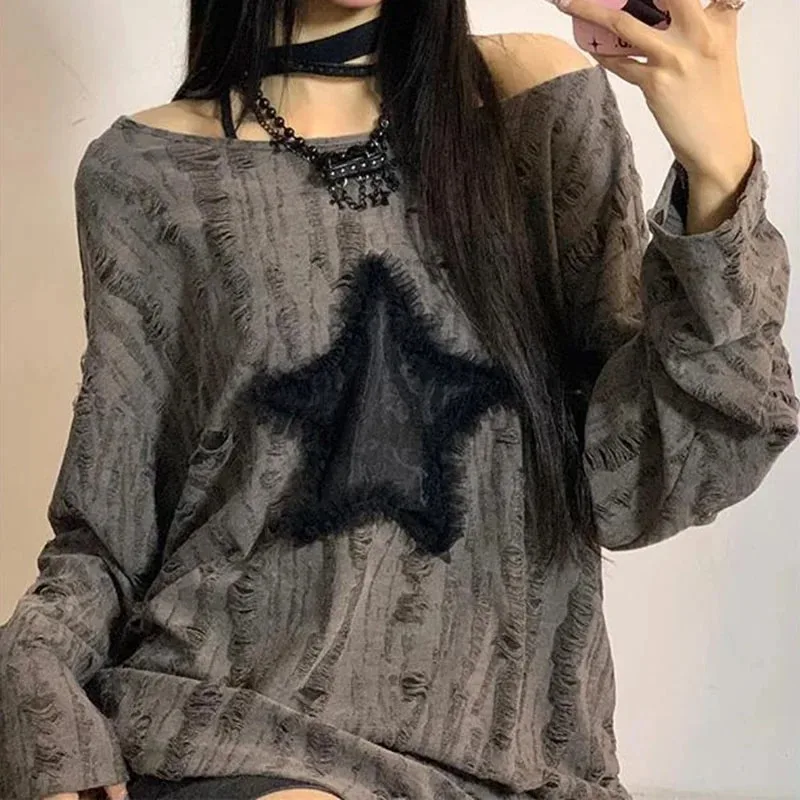 Y2K Hole Star Print T-Shirt Wo - Street Fashion Kpop recensie en prijs